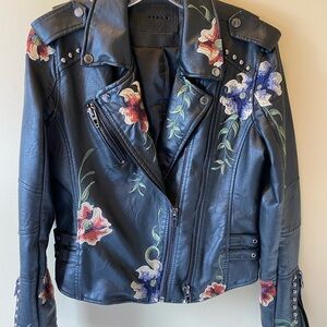 Embroidered Floral Faux Leather Moto Jacket